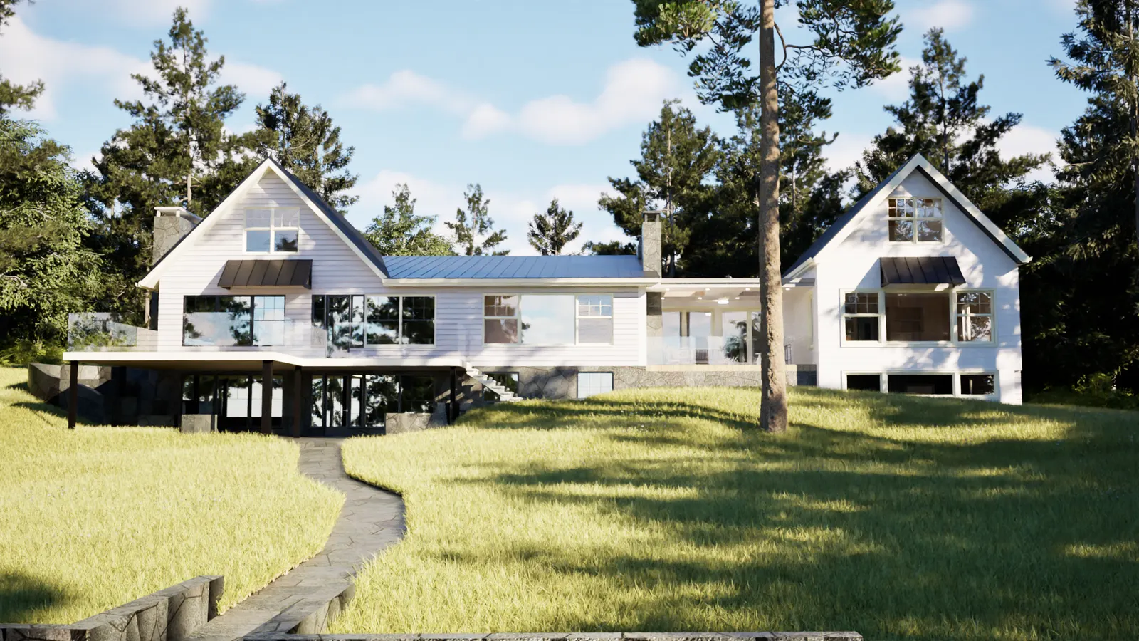 Georgian Bay Cottage — rear elevation across the lawn toward the lake. Rendering by ASC Studio.
